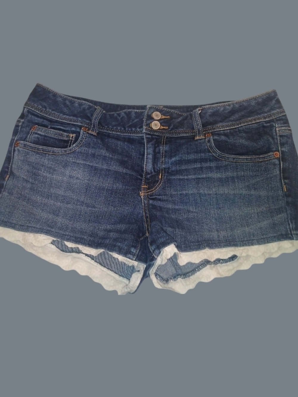 American Eagle Outfitters Dark Blue Denim Shorts with White Lace Trim